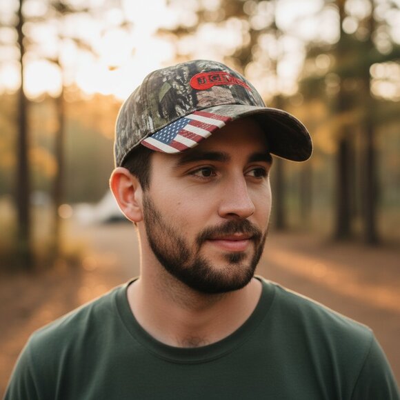 Mossy Oak Camo Baseball Cap JGM Valve Tuck Strap USA Flag - Picture 6 of 8